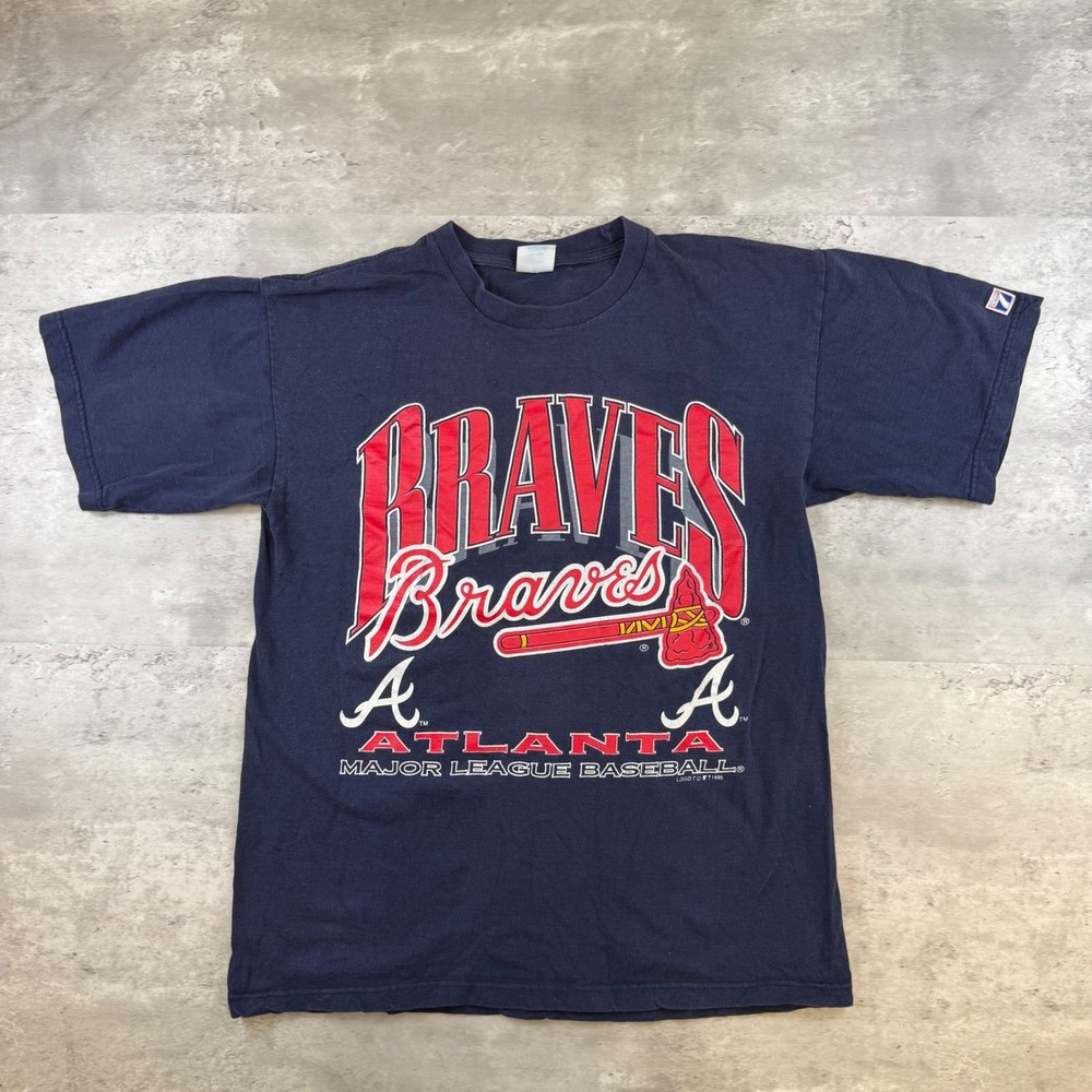 Vintage 1995 Atlanta Braves Logo 7 Navy Blue MLB T-Shirt Mens Large 90s Baseball
